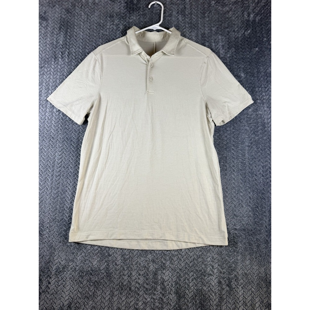 Lululemon Evolution Polo Mens Beige Striped Sweat Wicking Tennis Shirt Size M